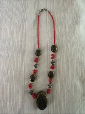 Coral Beaded Necklace with Brown Stone Pendant